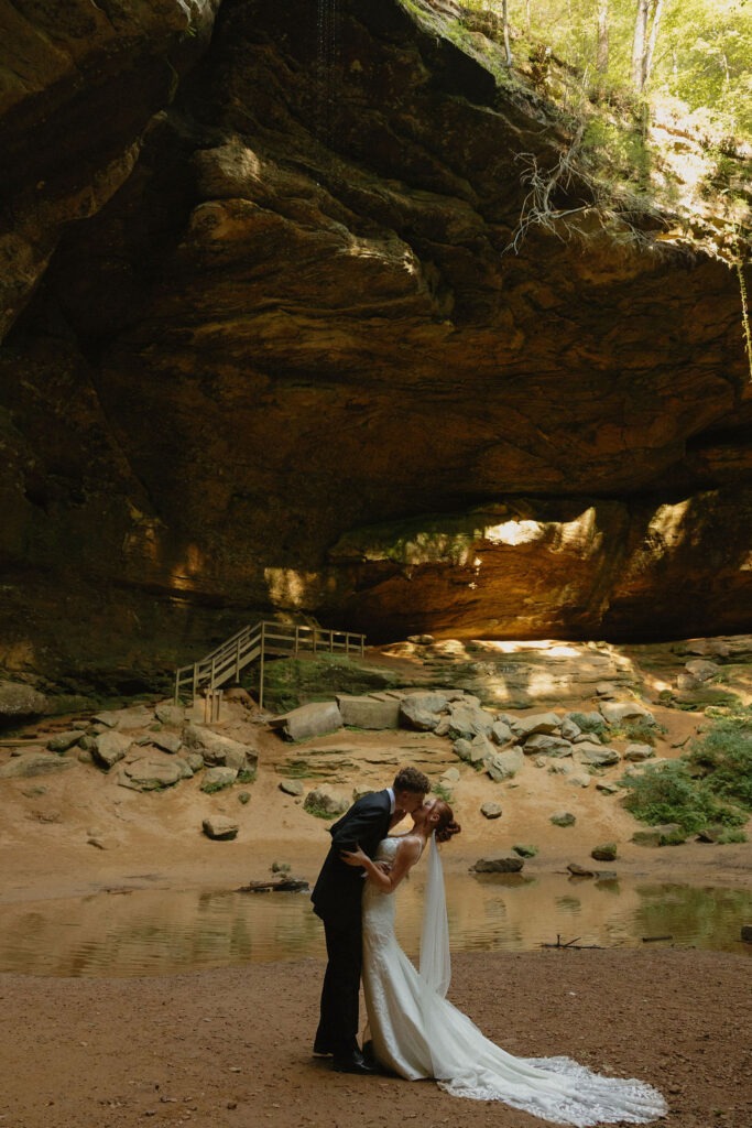 Bride and groom kissing for their Hocking Hills elopement