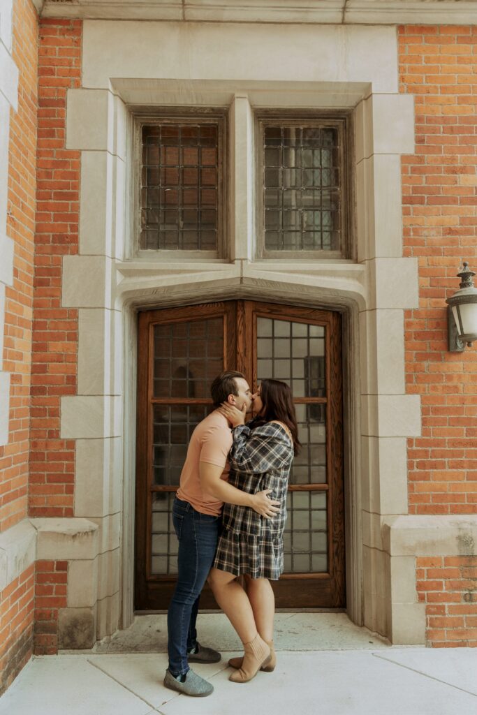 Couple having an engagement session in Columbus Ohio outside of Jeffrey Mansion