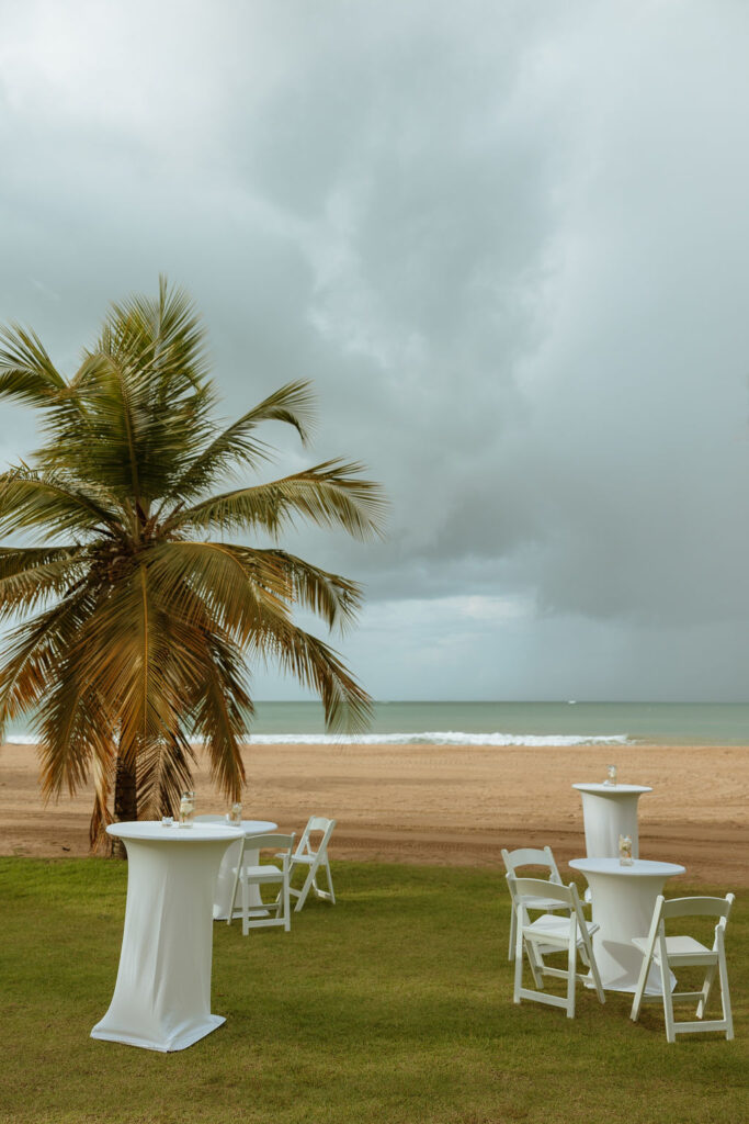 cocktail hour tables on the beach for a puerto rico wedding