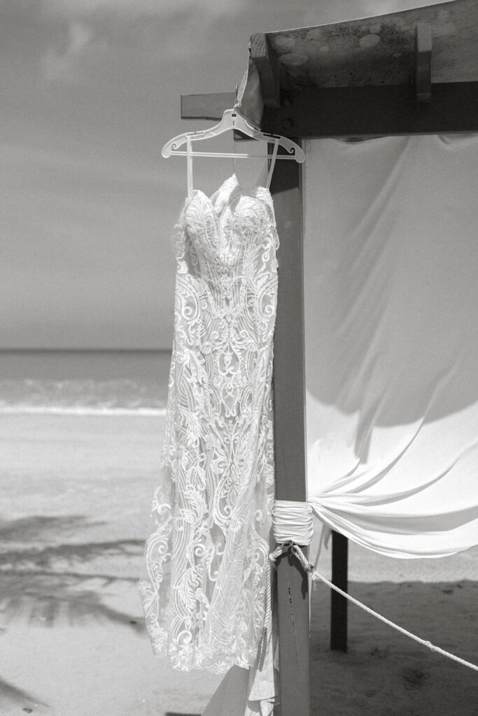 black and white image of a dress handing on a puerto rico beach 