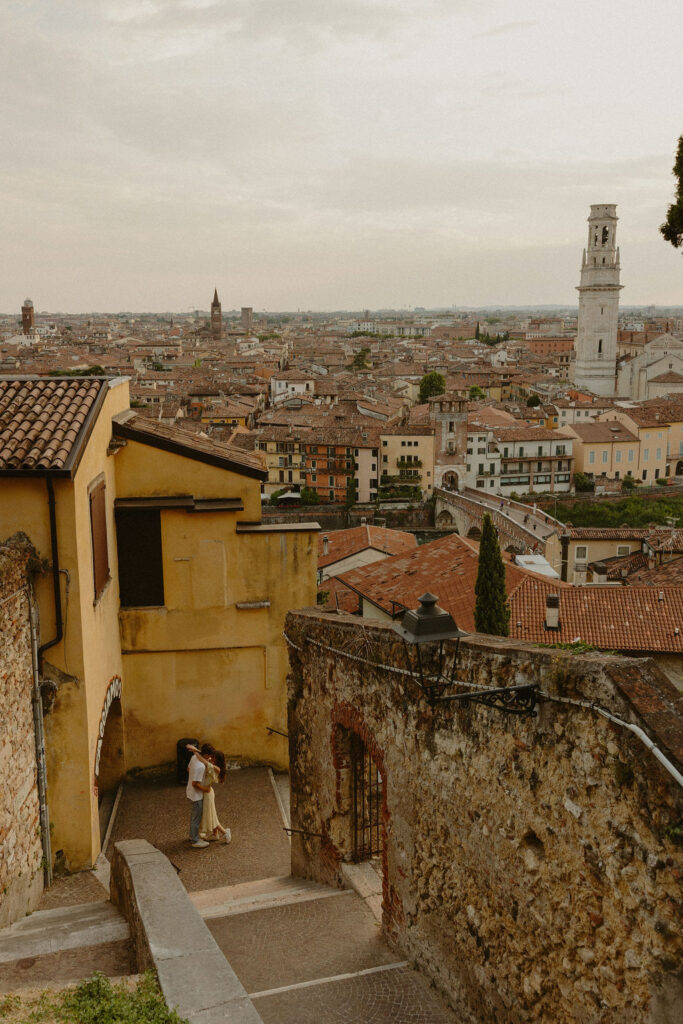 The city of Verona, Italy at sunset for a couples engagement session