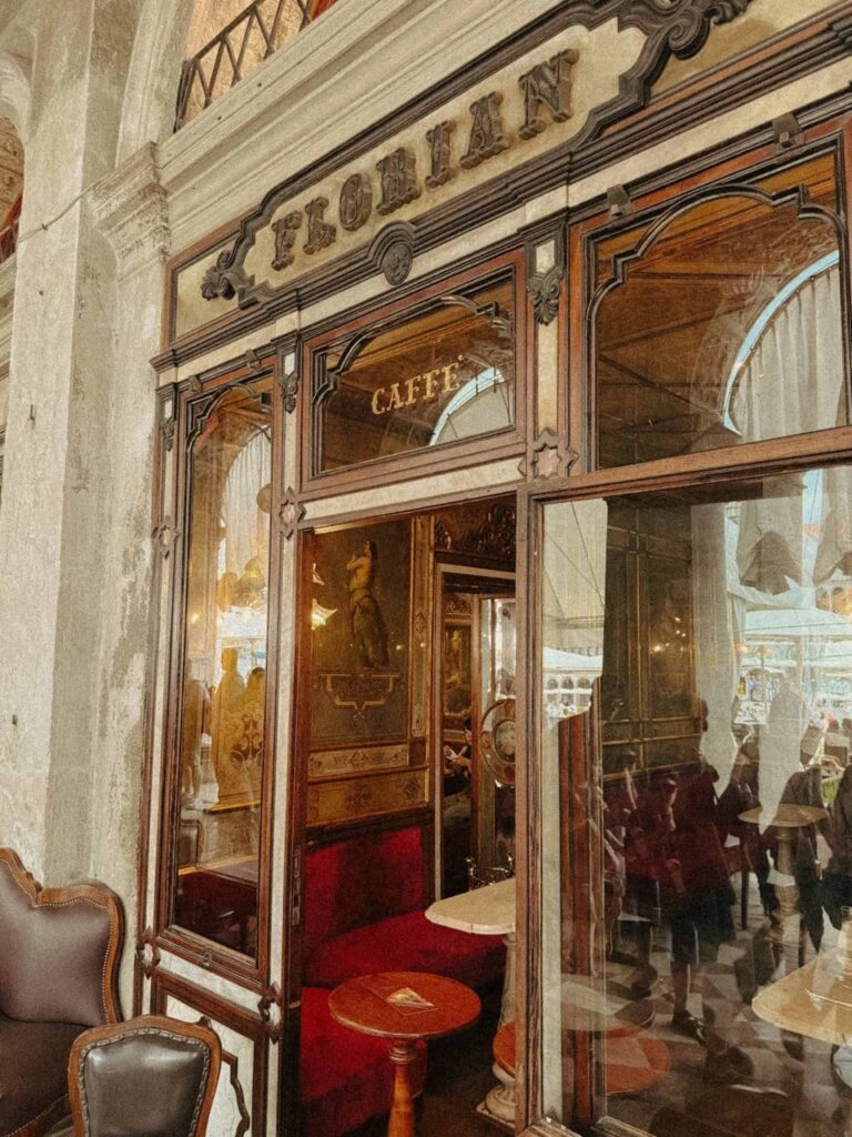 Exterior of Cafe Florian in Venice, Italy, a historic cafe featured in Venice Italy Travel Guide