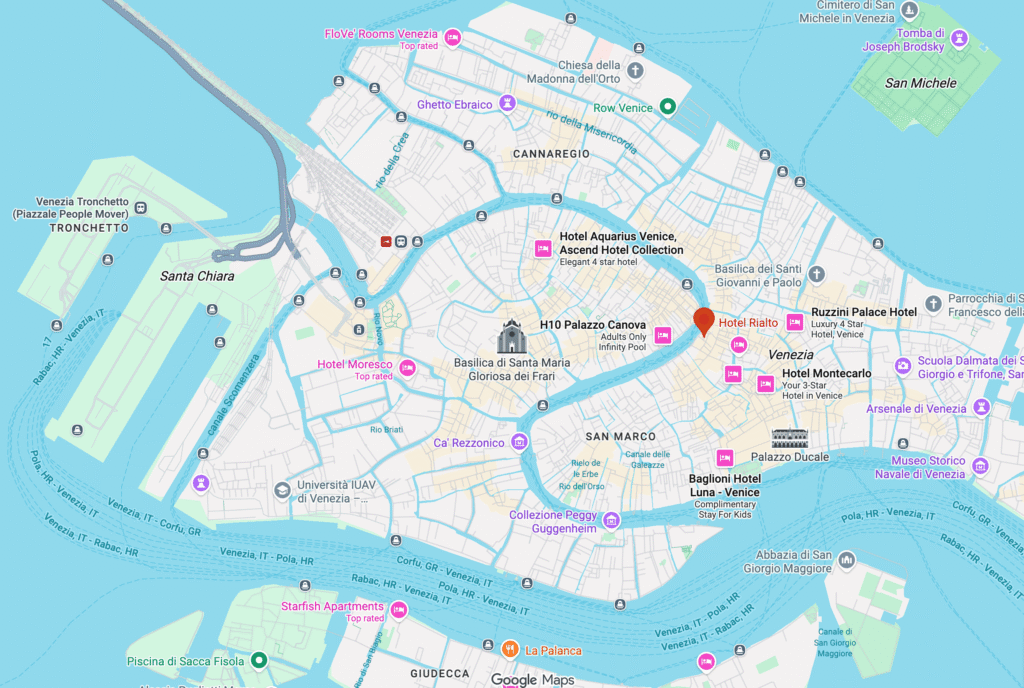 Google Maps view of a hotel in Venice near major attractions