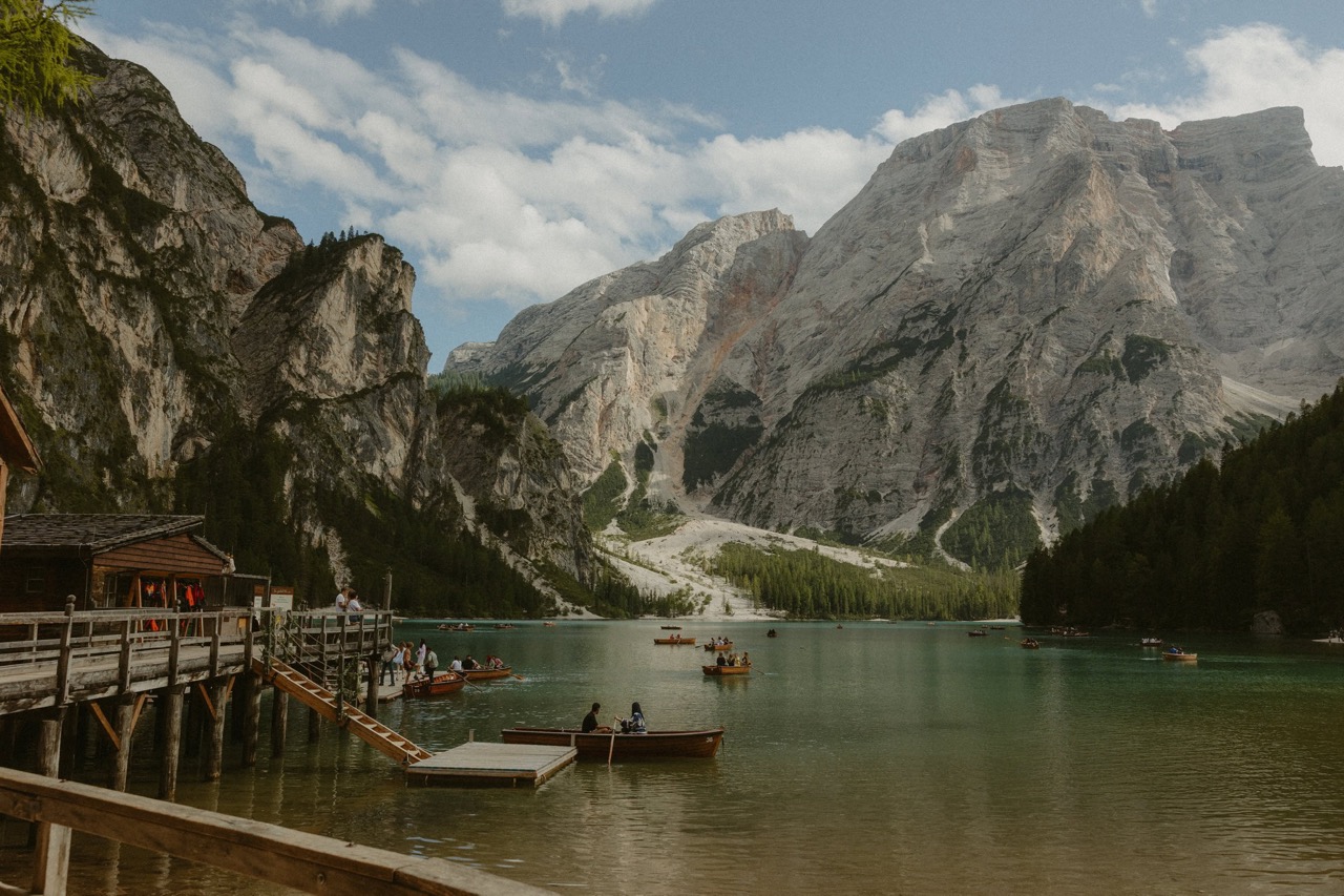 Scenic view of Lago di Braies in the Italian Dolomites