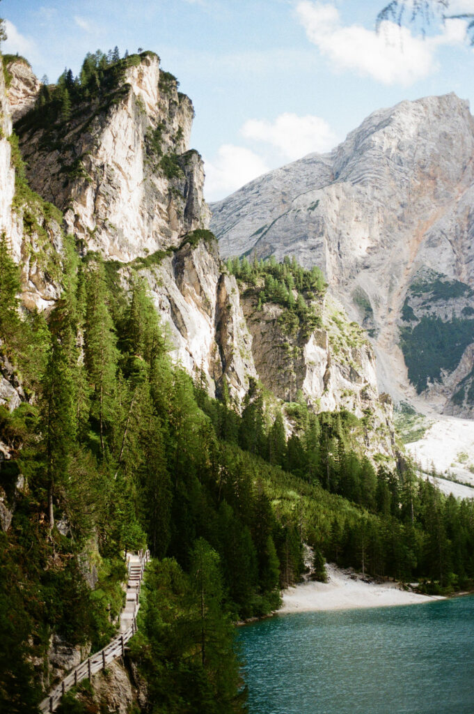 Hiking trail along Lago di Braies in South Tyrol