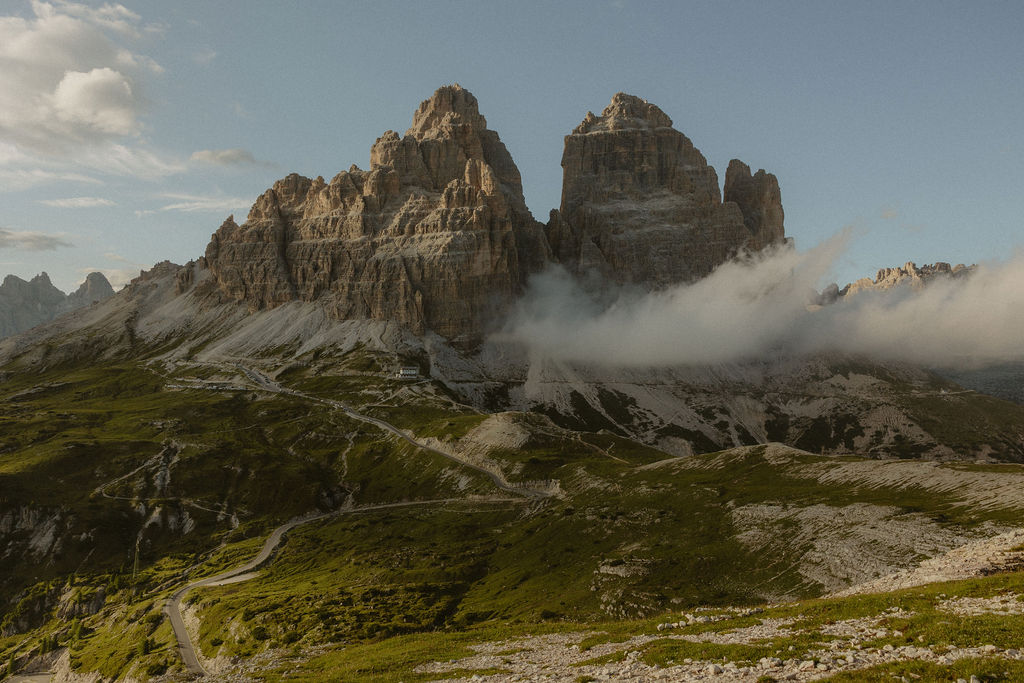 Tre Cime di Lavaredo mountain peaks along the Dolomites hiking trail