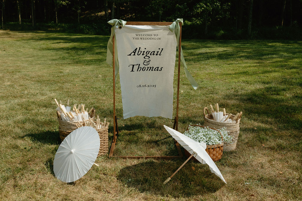 A linen wedding sign at Magnolia Spring Farm