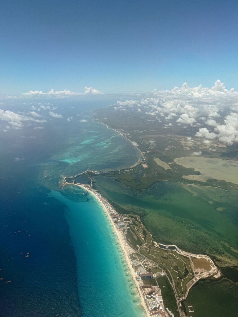 Ariel view of Cancun Mexico from a plane window