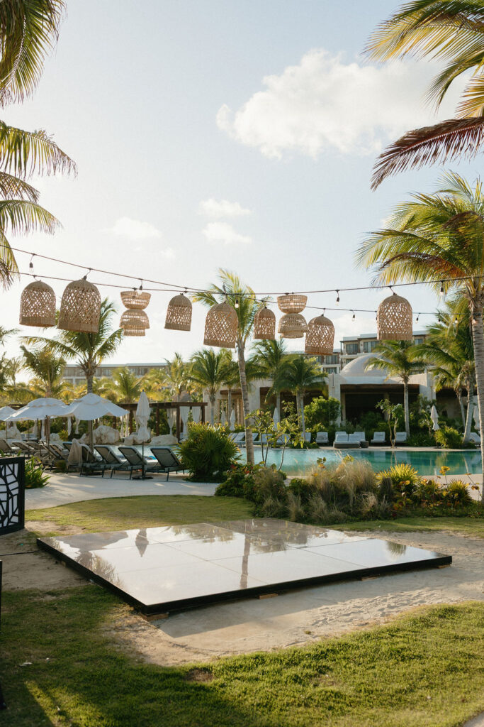 Reception details of a dance floor at Secrets Playa Blanca