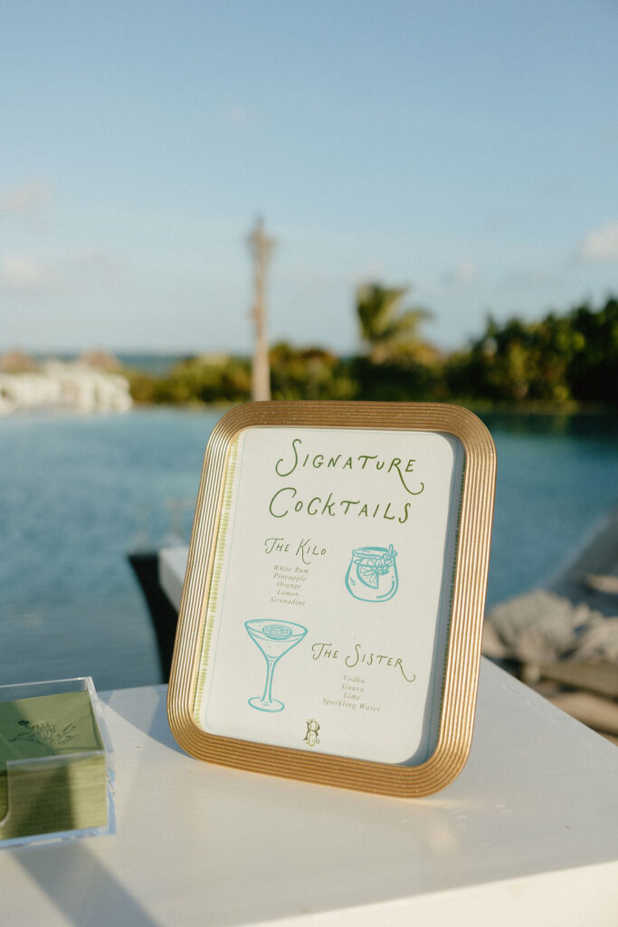 Signature drink sign for a wedding at Secrets Playa Blanca