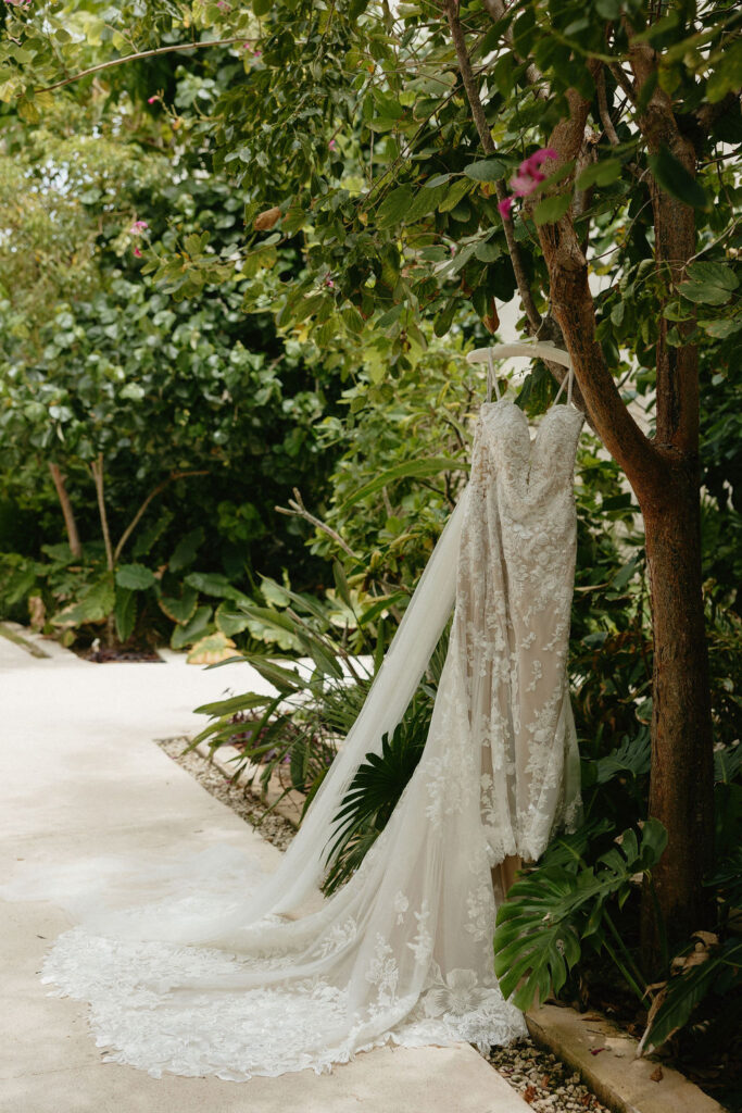Bridal dress hanging from a tree in Cancun Mexico 