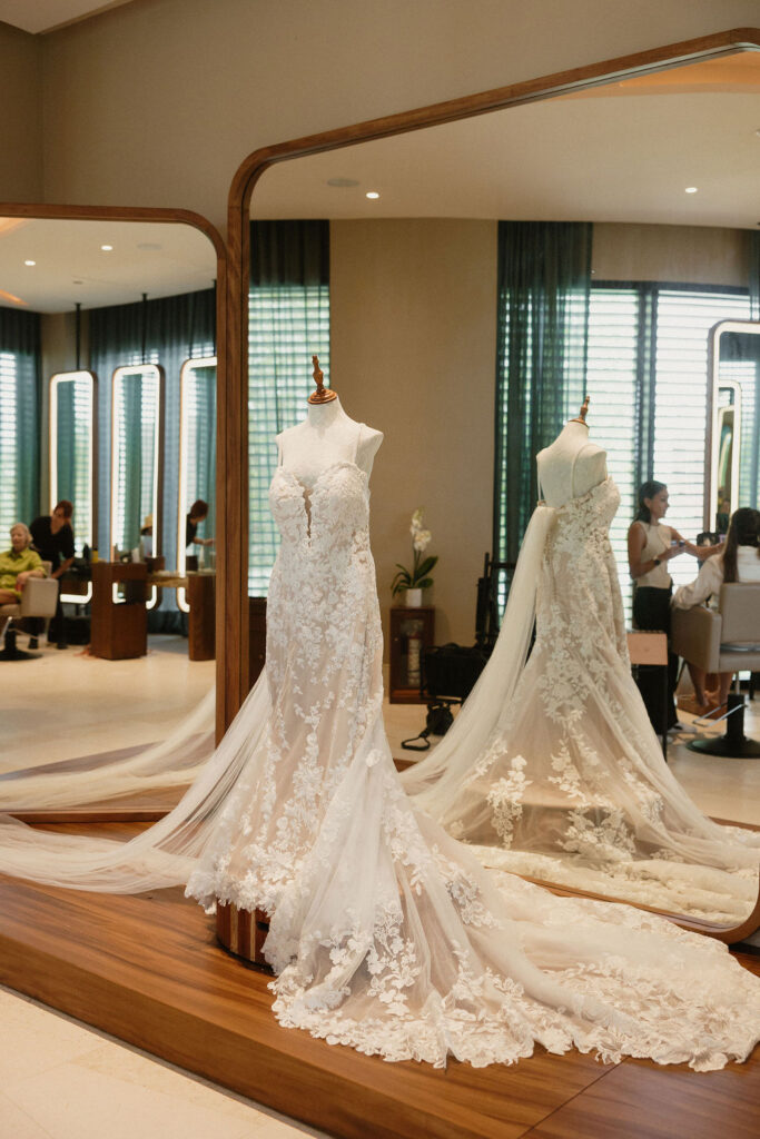 Dress hanging on a manequin inside Secrets Playa Blanca's bridal suite 
